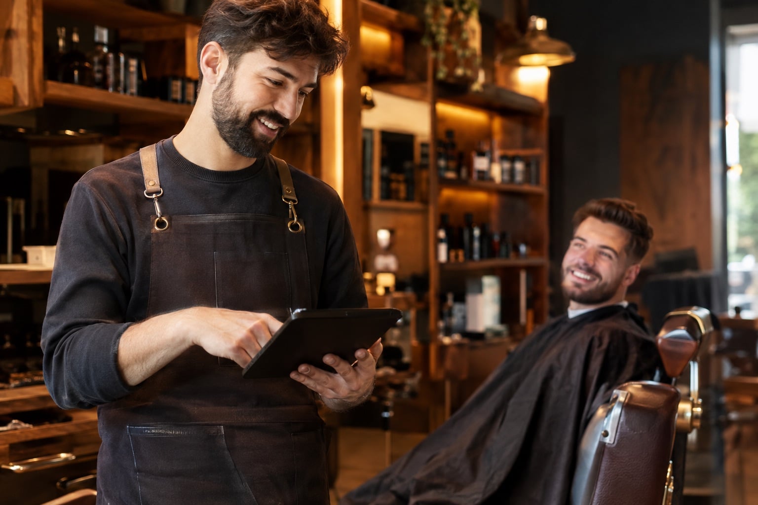 A barber checking the day's appointments on a tablet