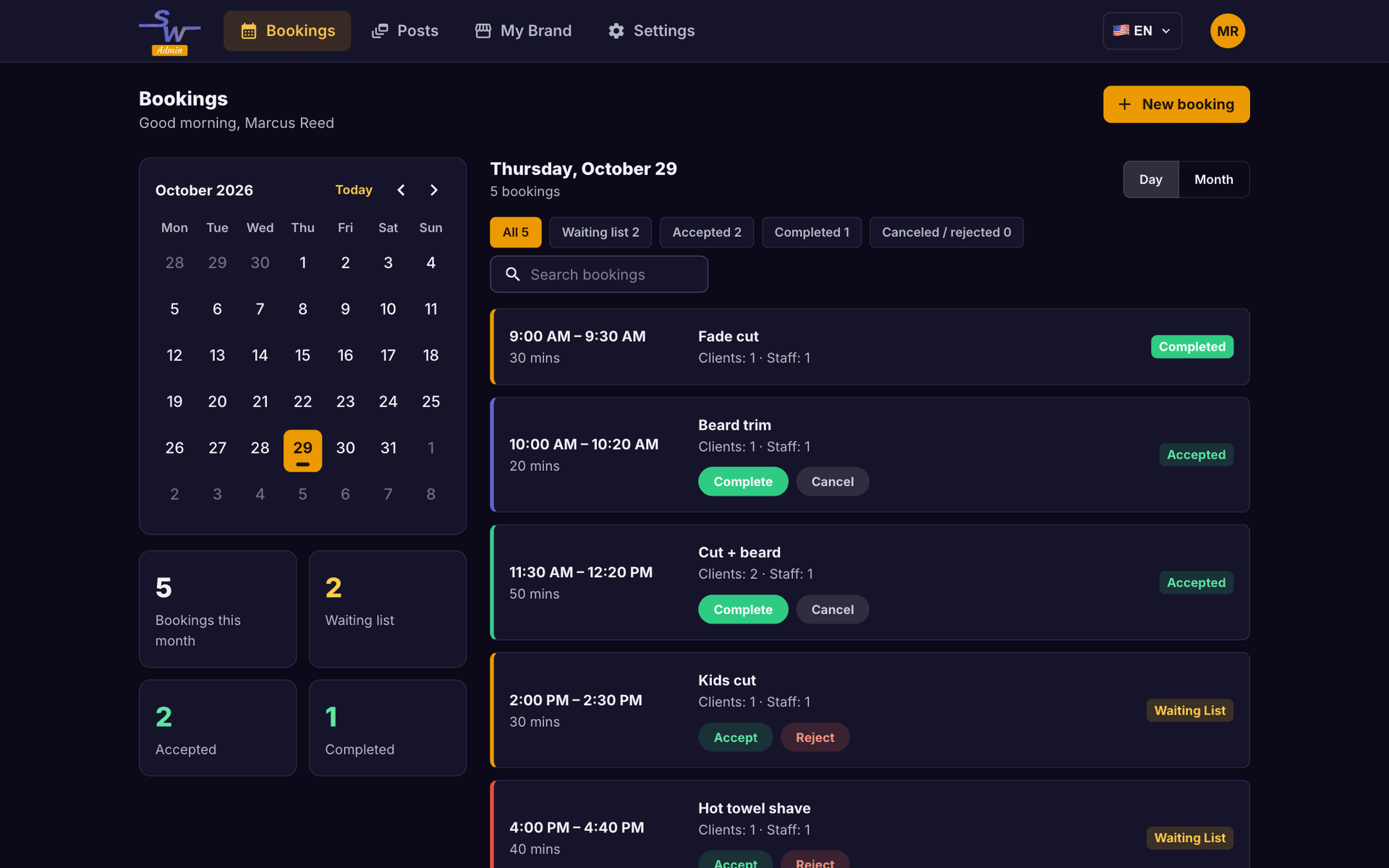 Shortwaits Admin web calendar with example appointments and booking controls