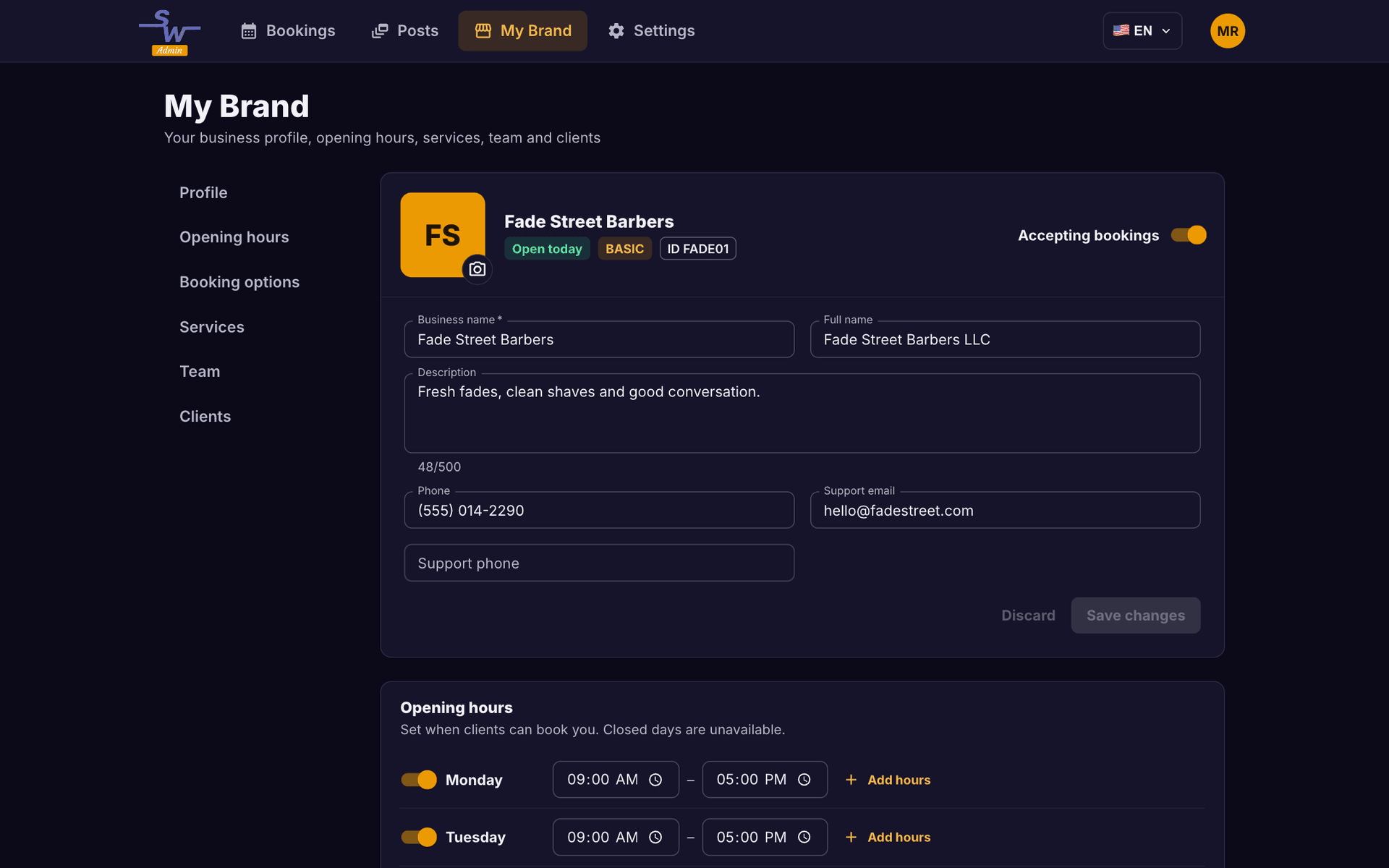 Edit your profile, hours, services, team and clients on a big screen