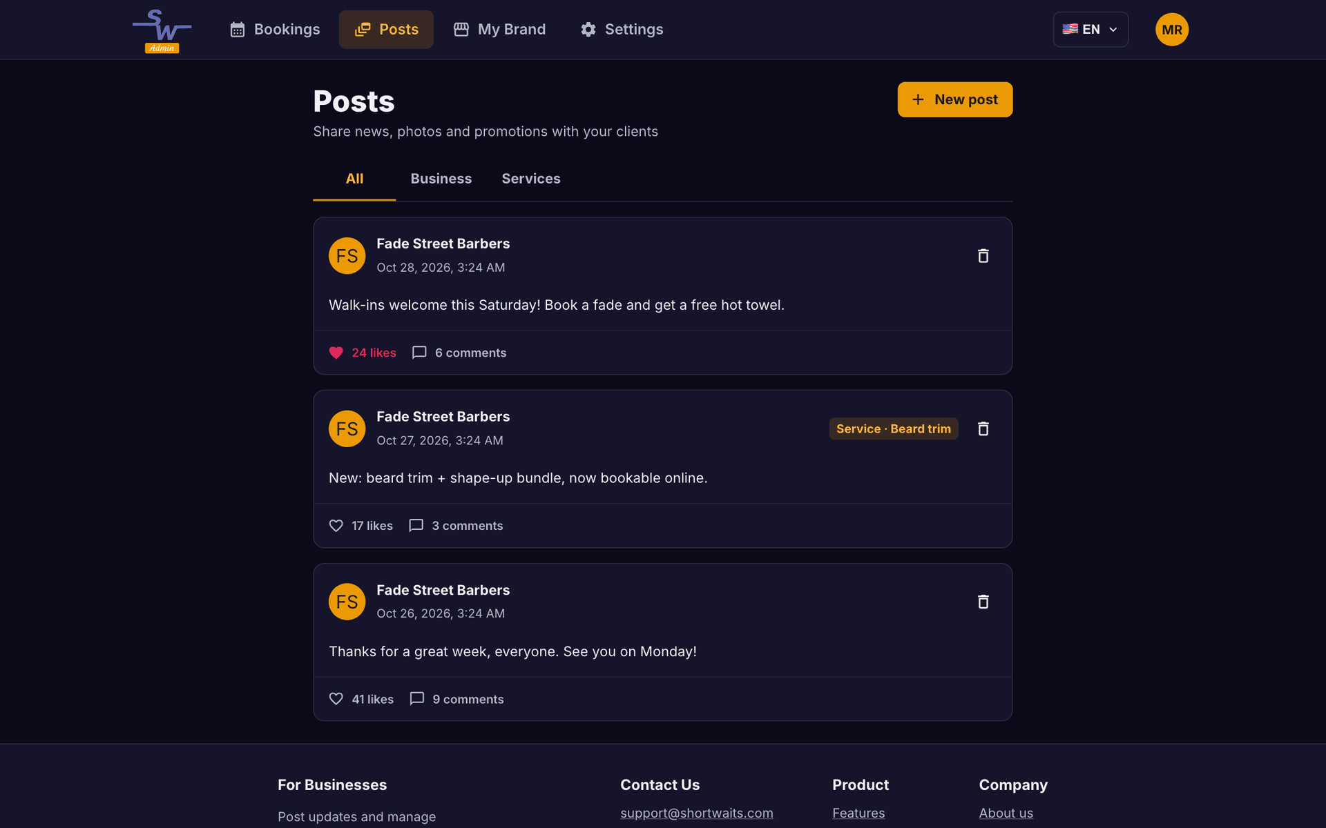 Shortwaits Admin web posts page with example business updates